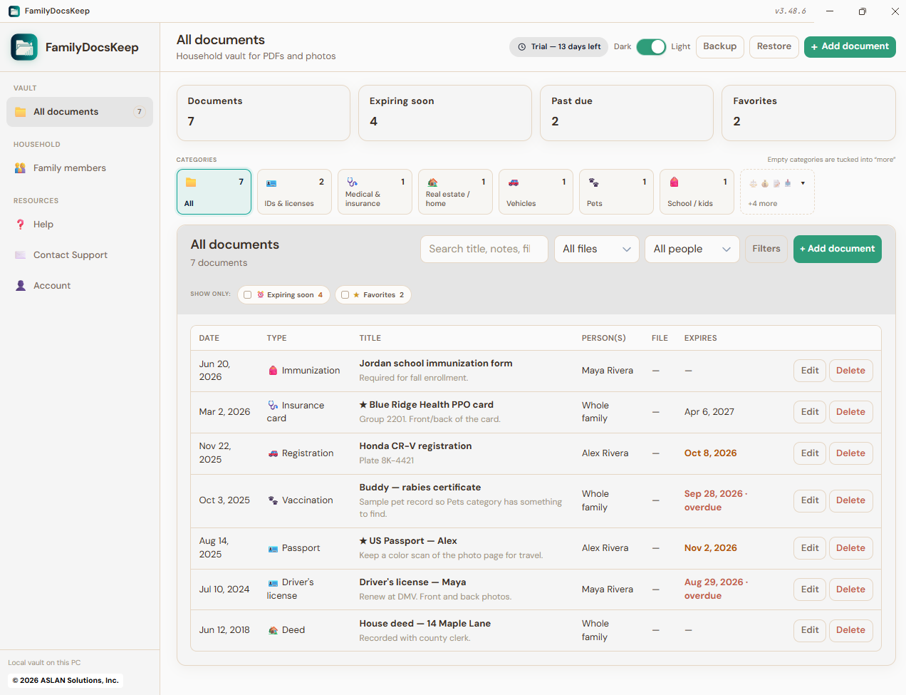 FamilyDocsKeep vault with document list, categories, and expiry status