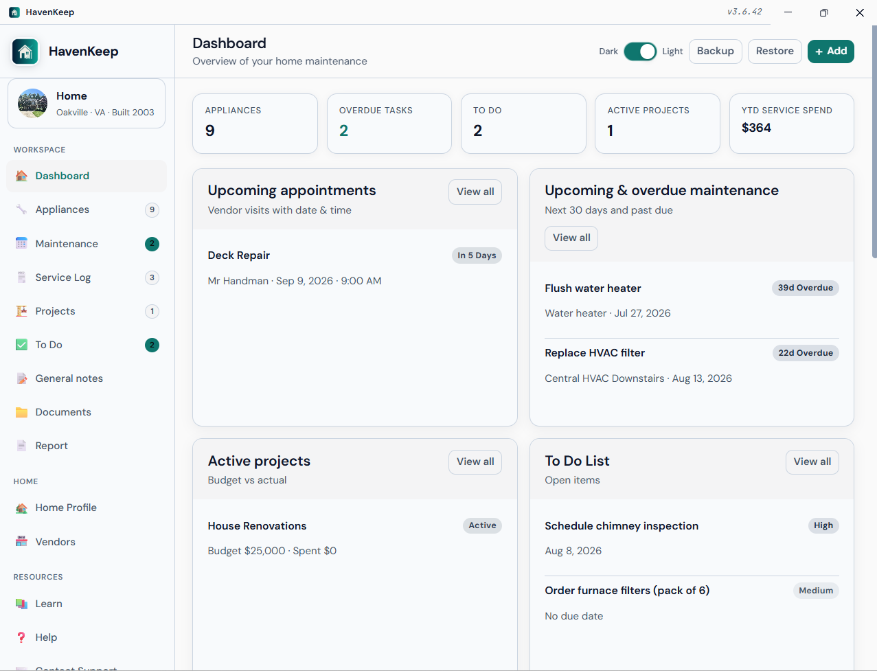 HavenKeep dashboard with maintenance overview, appointments, projects, and photos