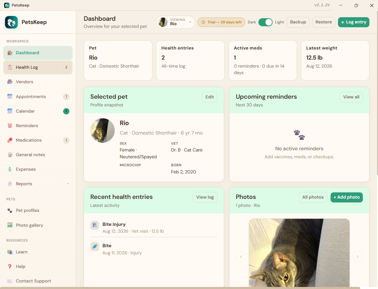 PetsKeep dashboard with selected-pet snapshot, reminders, health log, and photos