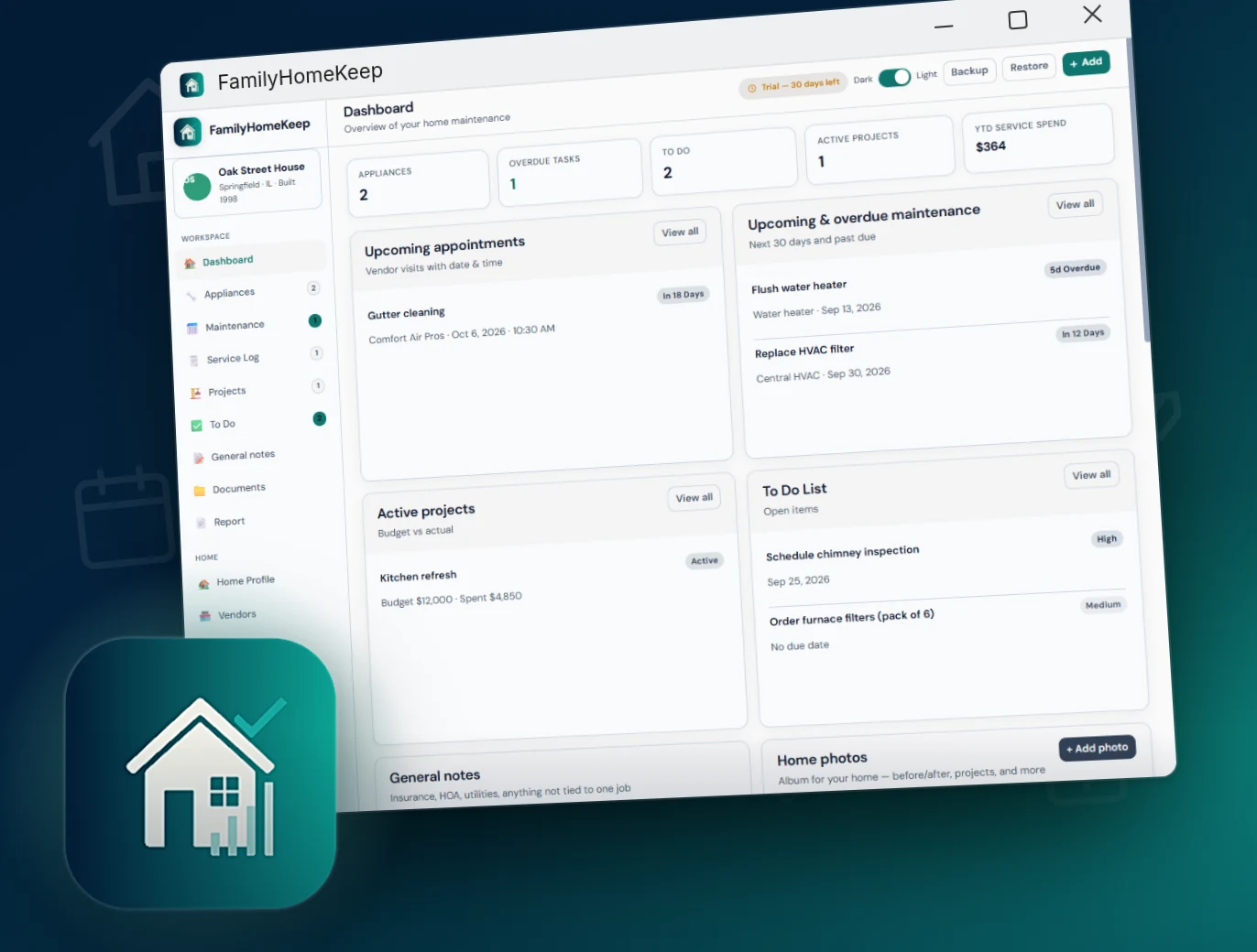 FamilyHomeKeep Windows app with home maintenance dashboard, appliances, and schedules