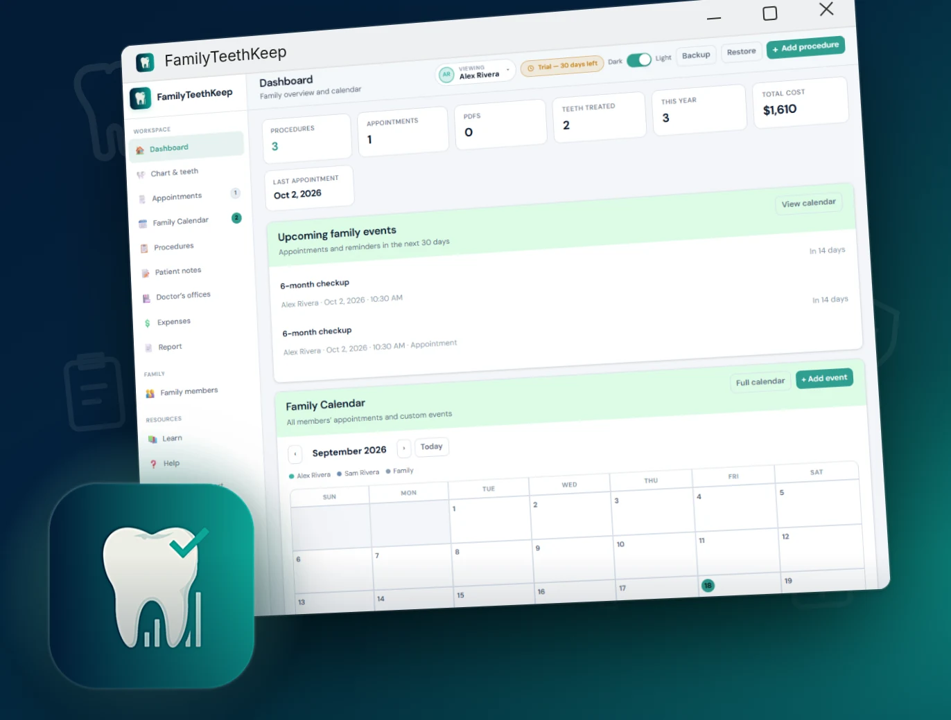 FamilyTeethKeep Windows app with dental chart and care records
